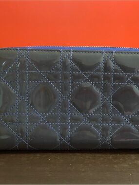 Dior Blue Quilted Zip Wallet with Silver Hardware